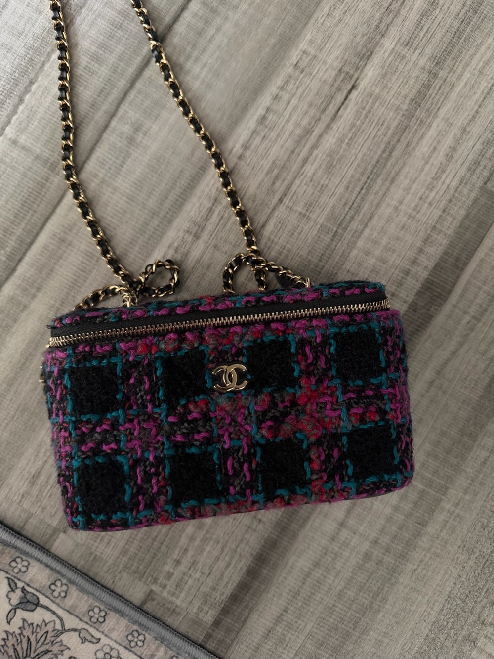 CHANEL Black, Pink & Teal Tweed Chain Crossbody Bag